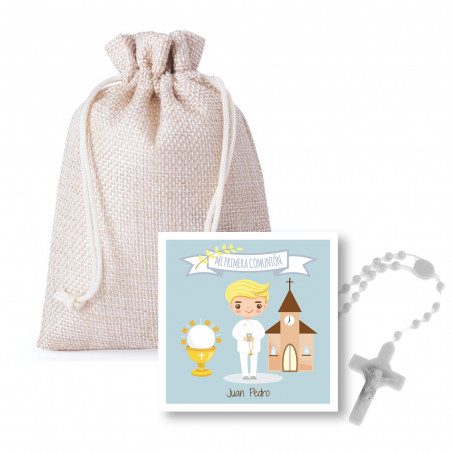 Rosario in sacchetto di stoffa con biglietto personalizzabile per bambini