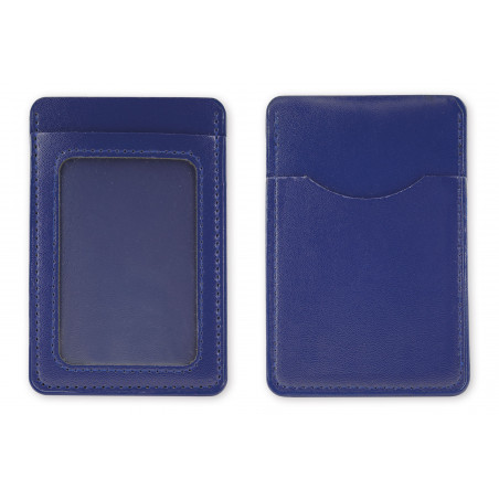 Portacarte blu a portafoglio presentato in una busta e personalizzato con adesivi per la comunione del bambino