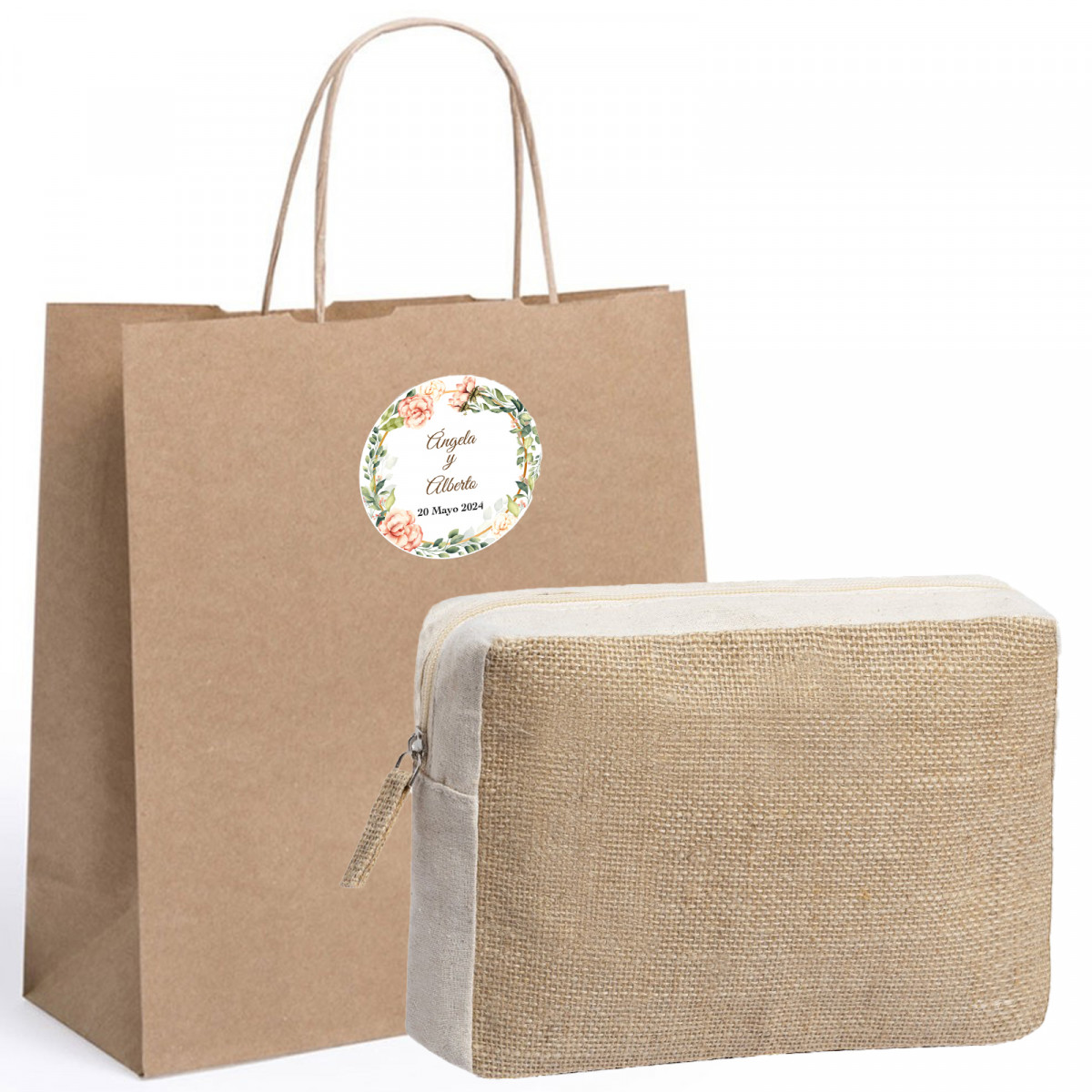 Borsa da toilette in juta in sacchetto kraft con adesivo personalizzato