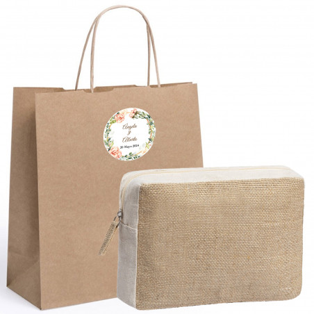 Borsa da toilette in juta in sacchetto kraft con adesivo personalizzato