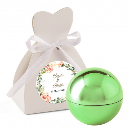 Balsamo per labbra a forma di sfera con scatola personalizzata e adesivo