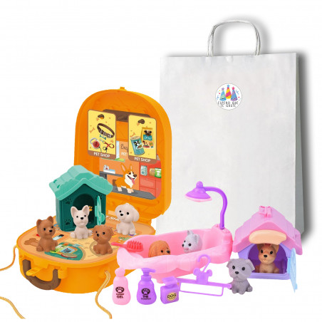 Giocattoli per cuccioli in una borsa con adesivo per regali per bambini