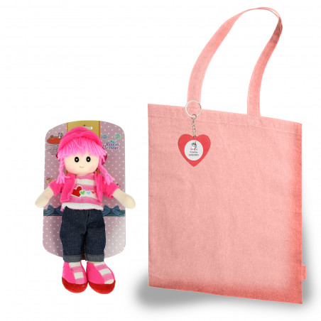 Bambola di pezza in borsa di stoffa con targhetta personalizzata con unicorno su portachiavi a cuore