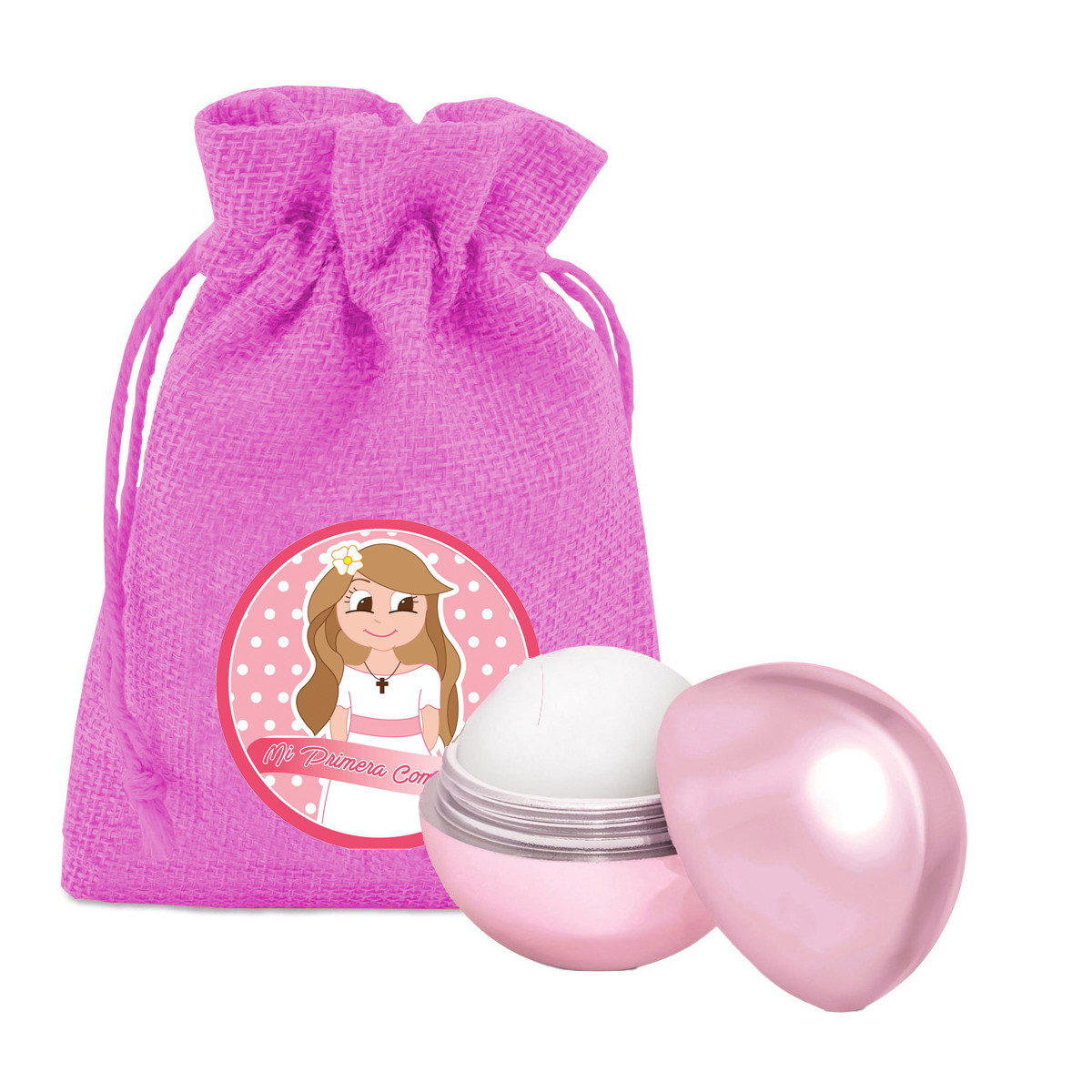 Balsamo per le labbra con sacchetto rosa e adesivo per la comunione delle ragazze