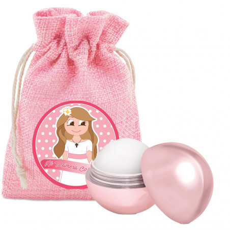 Lucidalabbra con protezione solare presentato in una borsa rosa con adesivo di comunione