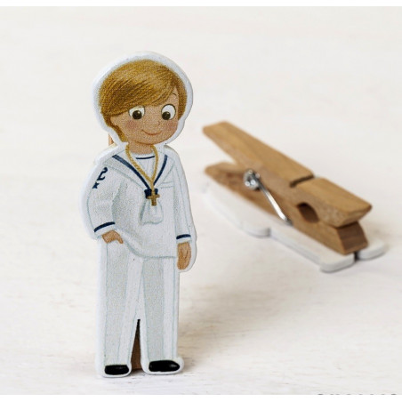 Figura di bambino a clip per comunione con rosario e bigliettino personalizzabile in sacchetto regalo