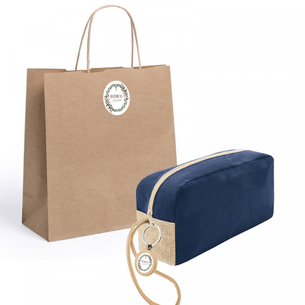 Beauty case con portachiavi personalizzato in sacchetto con adesivo