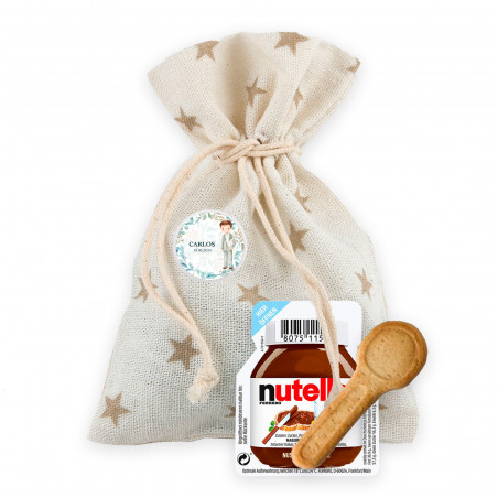 Nutella con cucchiaino biscotto in sacchetto di stoffa con stemma personalizzato per i dettagli la mia prima comunione bimbo