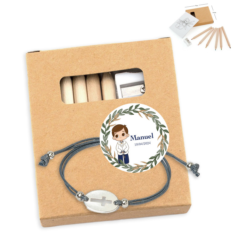 Set di disegno e bracciale presentato in una borsa blu per la comunione di un bambino
