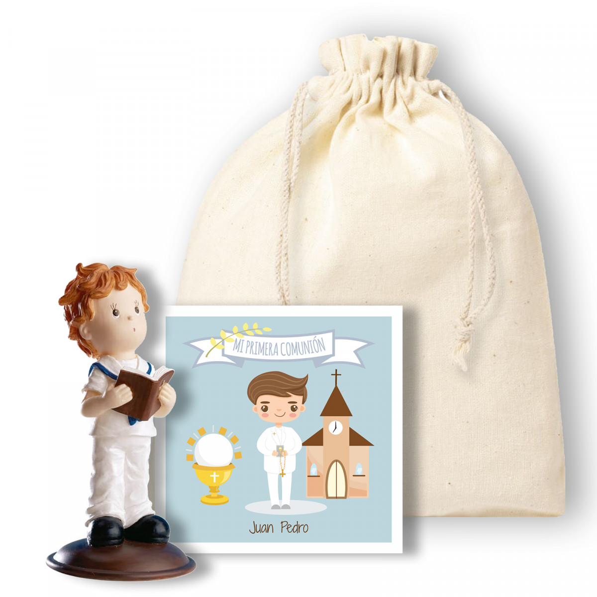Figura bambino comunione in sacchetto regalo con biglietto personalizzabile