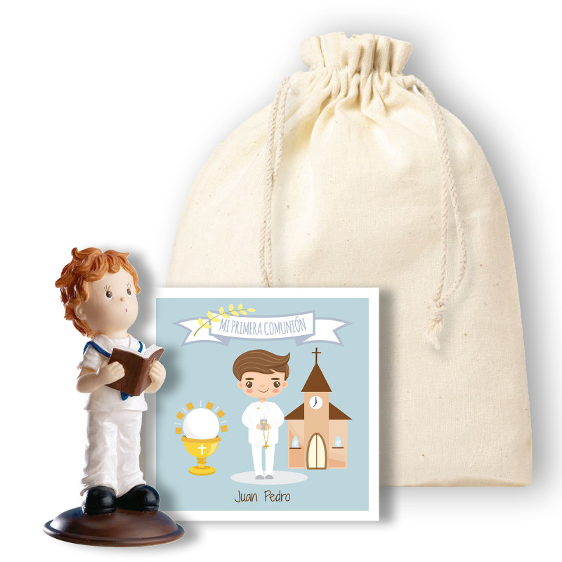 Figura bambino comunione in sacchetto regalo con biglietto personalizzabile