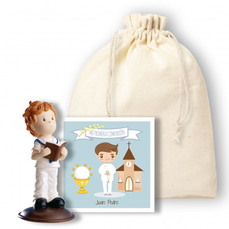 Figura bambino comunione in sacchetto regalo con biglietto personalizzabile