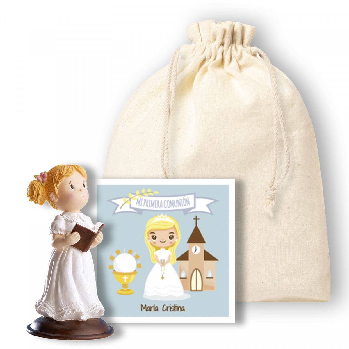 Figura di comunione bambina in sacchetto di stoffa con biglietto personalizzabile