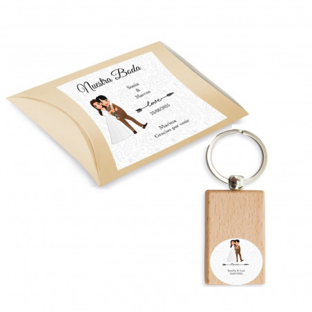 Portachiavi in legno personalizzato con adesivo e scatola per matrimonio
