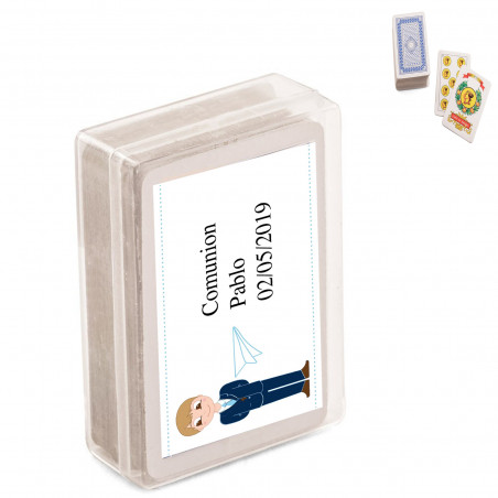 Mini mazzo di carte spagnolo personalizzato con adesivo per la comunione di un bambino