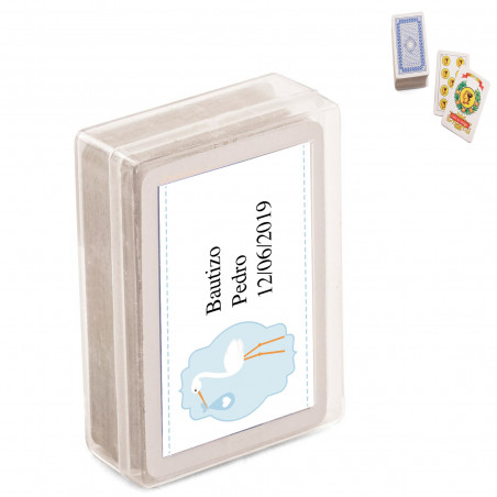 Mini mazzo di carte spagnole con adesivo per il battesimo di un bambino