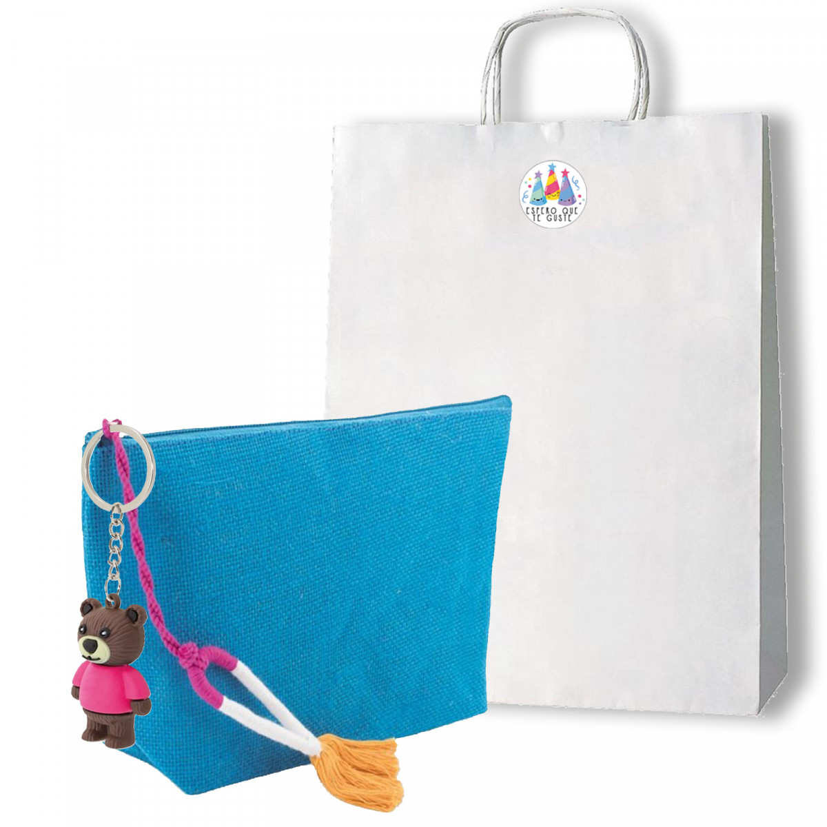 Beauty case con portachiavi a forma di orsetto in borsa con adesivo per regalo
