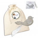 Segnalibro a forma di uccellino in sacchetto di cotone con adesivo personalizzato per la comunione