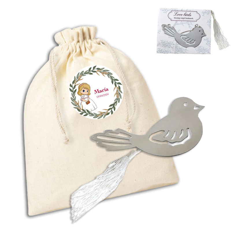 Puntapagina a forma di uccellino presentato in un sacchetto bianco personalizzato per la comunione