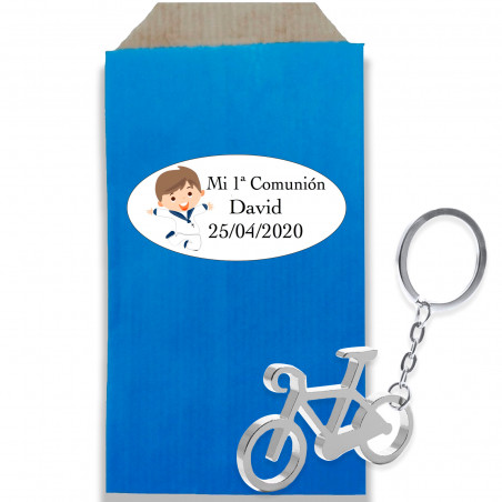 Portachiavi bicicletta argentato in busta kraft con adesivo personalizzato per la comunione del bambino