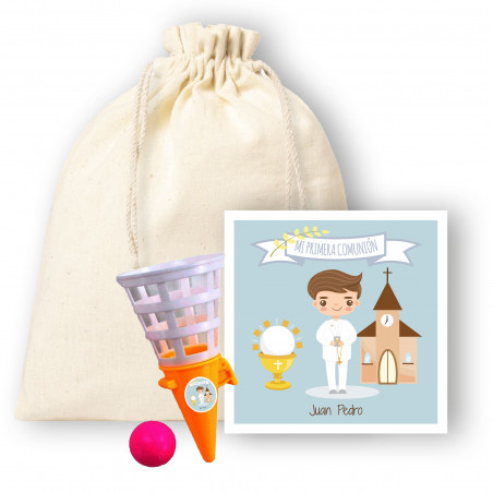 Giocattolo a forma di palla con biglietto di comunione personalizzabile per bambini in una borsa