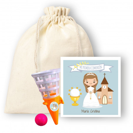 Palla giocattolo con bigliettino di comunione personalizzabile in sacchetto di stoffa da bambina