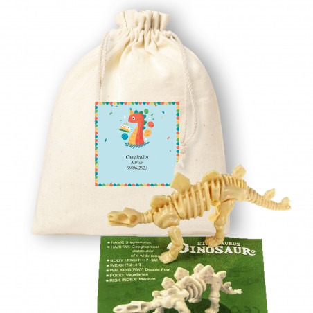 Puzzle di dinosauri in una borsa con un adesivo personalizzato