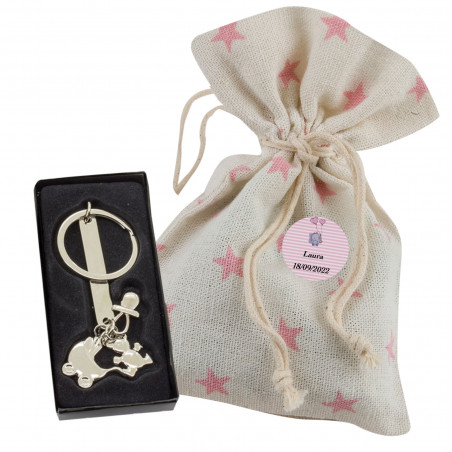 Portachiavi con charms bimbo in sacchetto rustico con stelline rosa e adesivo personalizzato