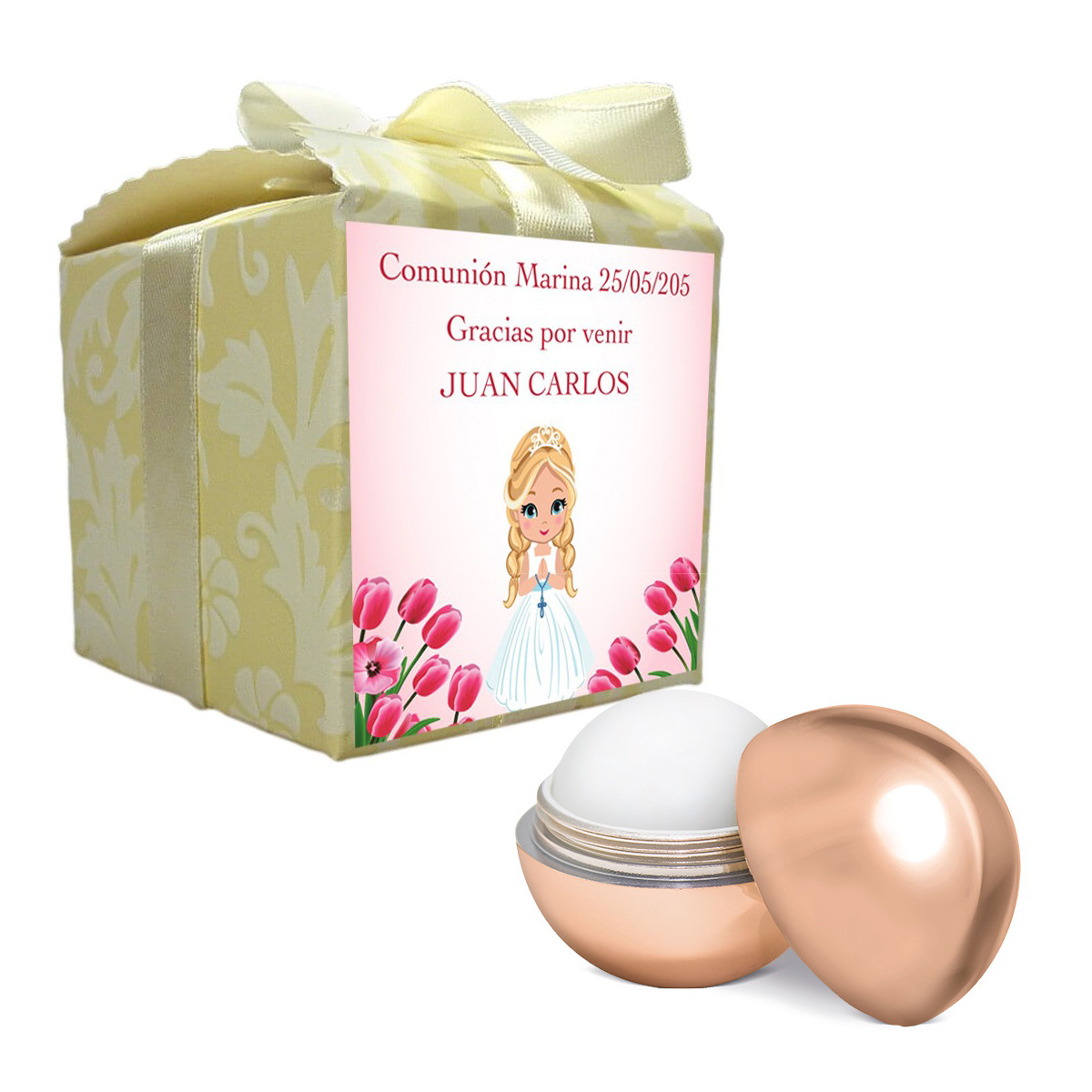 Balsamo per labbra rosa presentato in una scatola con adesivo personalizzato per la comunione con il nome dell ospite