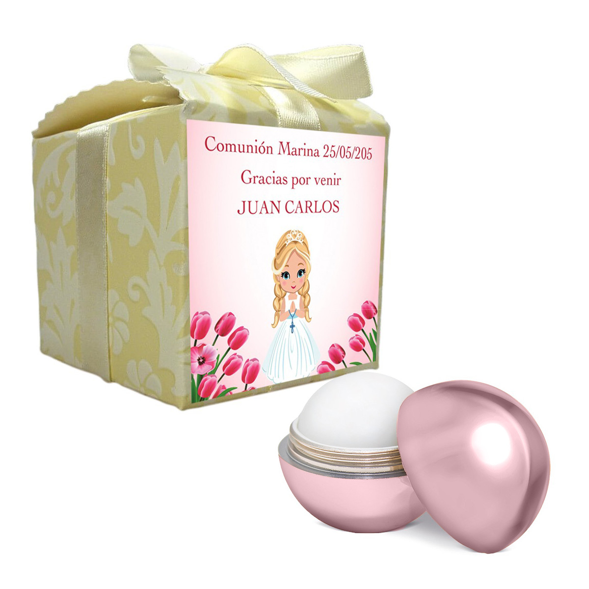 Balsamo labiale rosa presentato in scatola con adesivo comunione personalizzato con nome dell'invitata