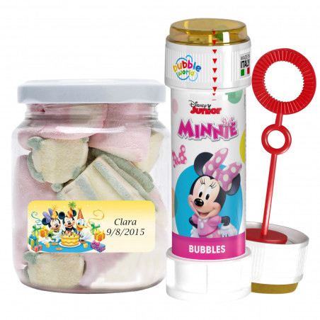 Creatore di bolle di sapone di Minnie Mouse con barattolo di caramelle personalizzato per i compleanni