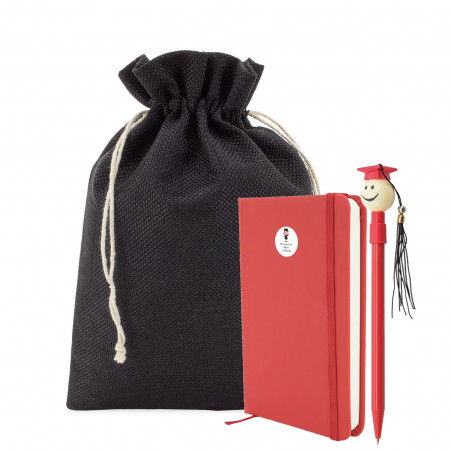 Quaderno con adesivo personalizzabile e penna laurea in sacchetto in tessuto per regalo donna