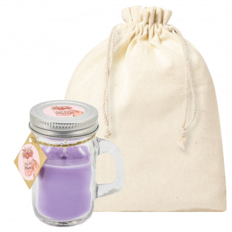Candela aromatica con adesivi per la festa della mamma in un sacchetto di stoffa