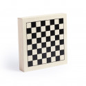 Giochi classici in una scatola di legno presentati in un sacchetto di stoffa con adesivo personalizzabile per un regalo