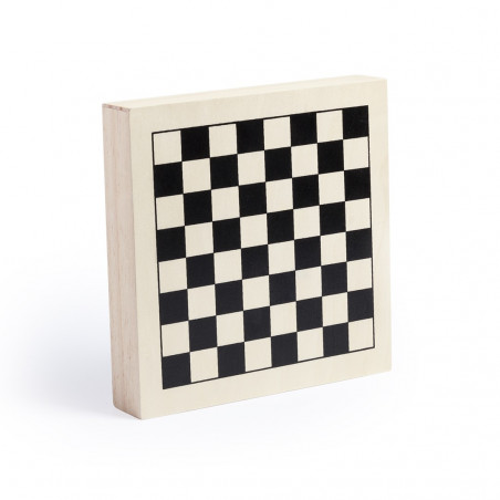 Giochi classici in una scatola di legno presentati in un sacchetto di stoffa con adesivo personalizzabile per un regalo