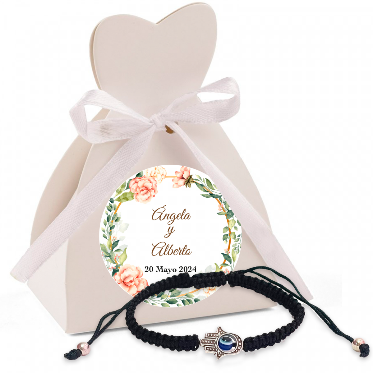 Bracciale Mano di Fatima in una scatola con adesivo personalizzato per i dettagli del matrimonio