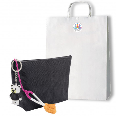 Necessaire con pompon e portachiavi a forma di orsetto in borsa con adesivo regalo
