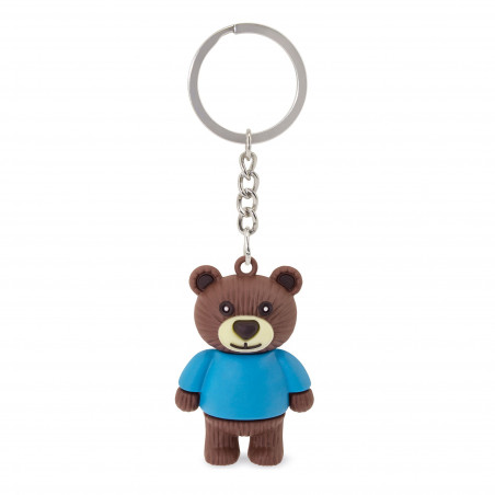 Portachiavi a forma di orso presentato in una borsa di stoffa con un adesivo per battesimo personalizzabile