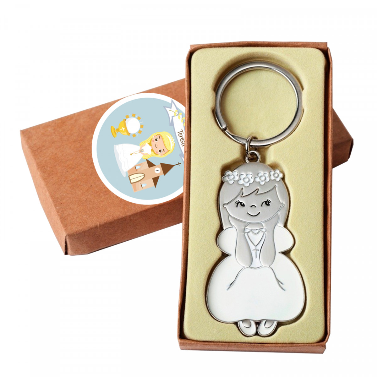 Portachiavi per la comunione in sacchetto regalo di stoffa con adesivo personalizzabile per bambina