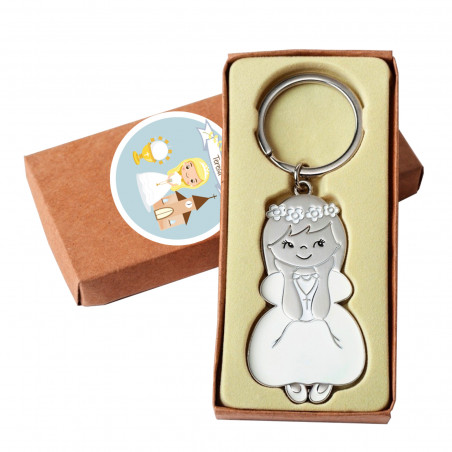 Portachiavi per la comunione in sacchetto regalo di stoffa con adesivo personalizzabile per bambina