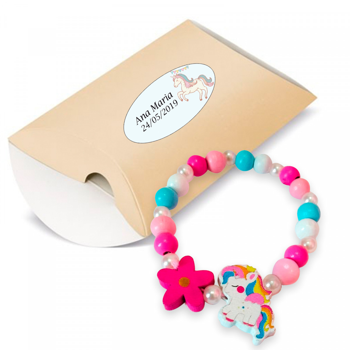 Bracciale unicorno in scatola con adesivo compleanno personalizzato