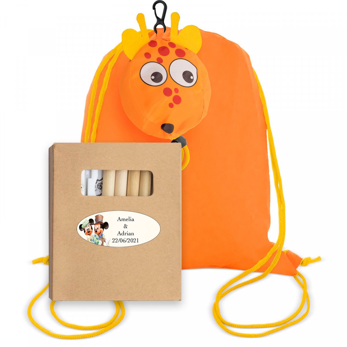Colori con custodia adesiva personalizzata su zaino giraffa per bomboniere per bambini