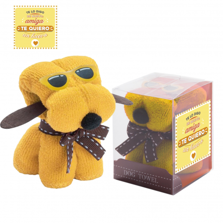 Asciugamano giallo a forma di cane con adesivo per regalo ad un amica