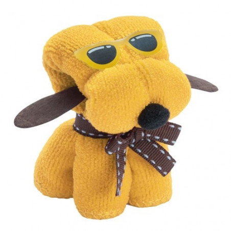 Asciugamano giallo a forma di cane con adesivo per regalo ad un amica