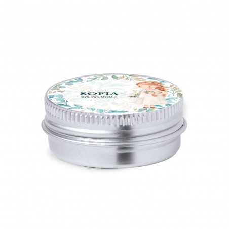 Balsamo per labbra vegano in una confezione di alluminio con adesivo personalizzato, ideale come regalo per la comunione di una