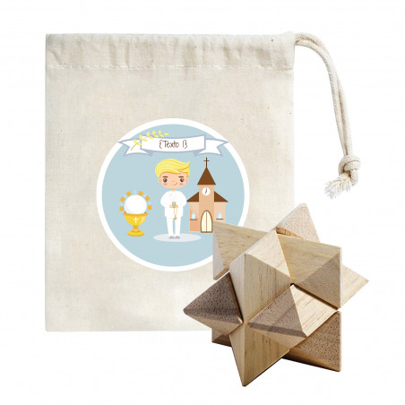 Puzzle di ingegno presentato in una borsa di stoffa con adesivo personalizzabile per bambino di comunione