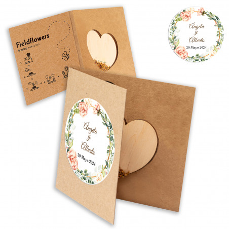 Cuore di semi di fiori selvatici con adesivo personalizzato per matrimoni ed eventi