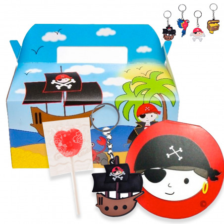 Set pirata con portachiavi, quaderno e lecca-lecca in scatola per i dettagli dei bambini