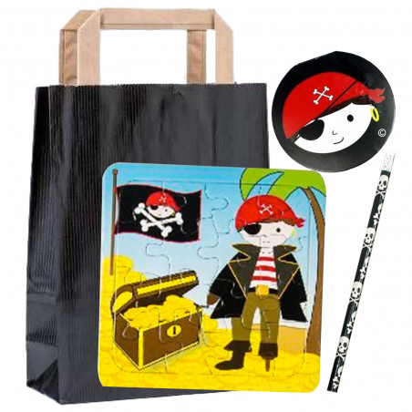 Puzzle pirata con taccuino e matita presentato in una borsa kraft nera