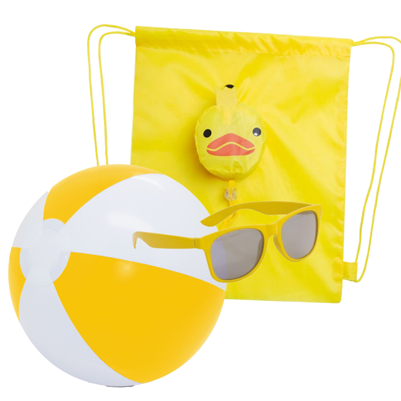 Occhiali da sole gialli da ragazzo e pallone da spiaggia con zaino a forma di papera abbinato Occhiali da sole gialli da ragazzo e pallone da spiaggia con zaino a forma di papera abbinato